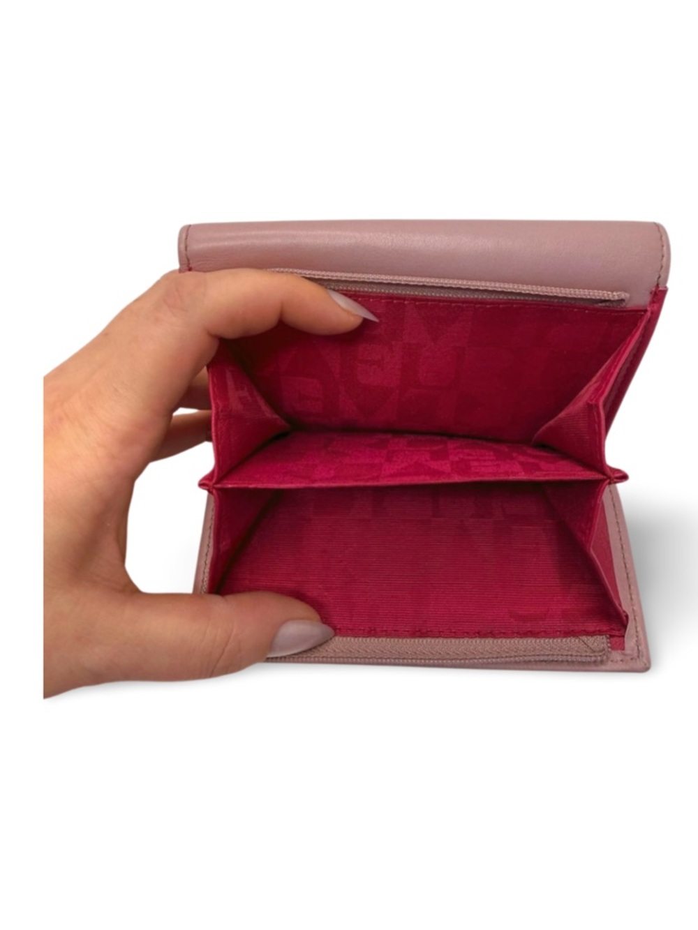 Furla Leather Wallet Pink Interior Bow Detail Snap Closure Compact - Picture 10 of 14